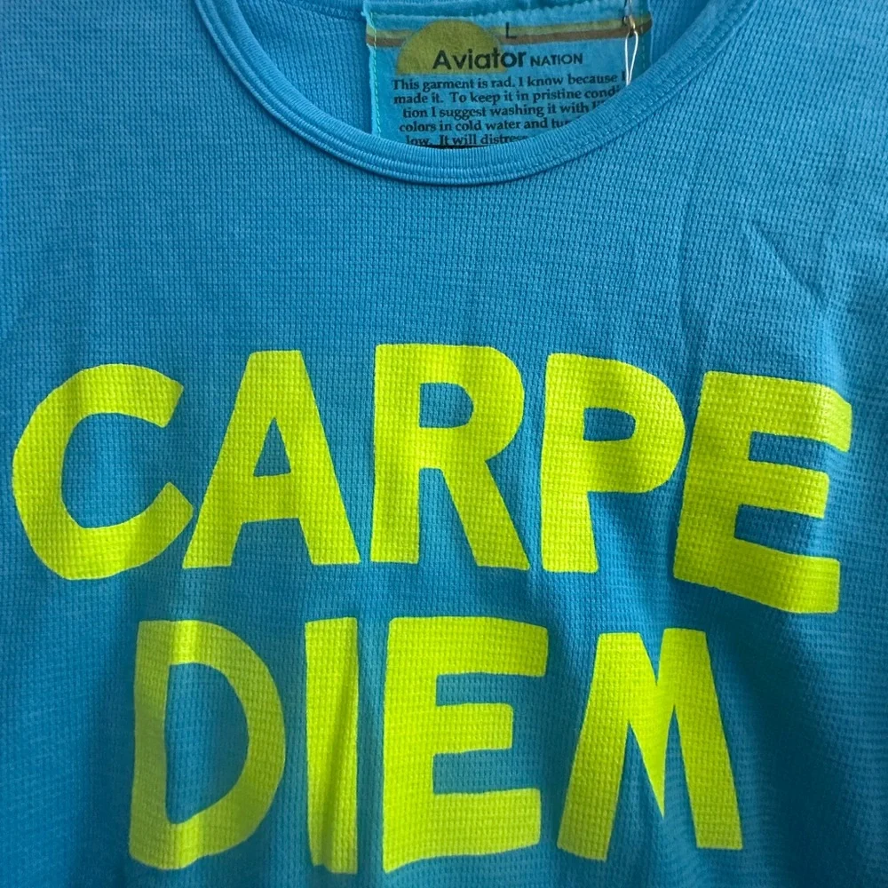 Aviator Nation Turquoise Shirt with Neon Yellow Print Carpe Diem size Large - Picture 2 of 5